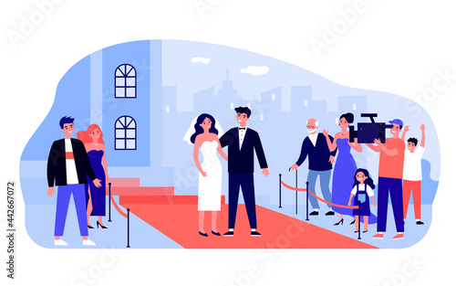 Married celebrity couple on red carpet. Bride wearing white wedding dress and veil, broom in tuxedo, operator recording flat vector illustration. Wedding, event concept for banner, website design