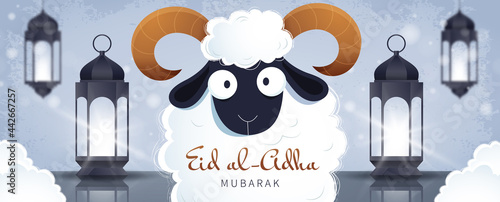 Muslim holiday Eid al-Adha. Eid Mubarak horizontal greeting banner with cartoon white ram and  realistic old arabic lamps lanterns.