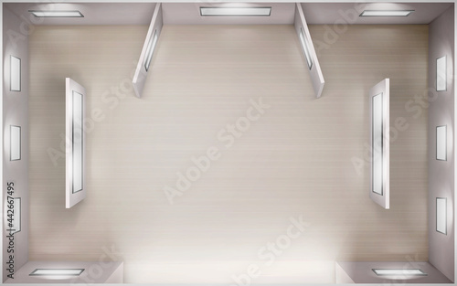 Museum empty interior top view, art gallery 3d room with illuminated picture frames on white walls, wooden floor and passages. Place for exhibit presentation, exhibition hall, Realistic vector mock up