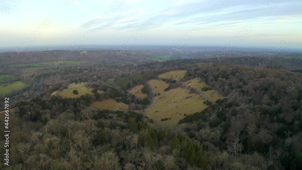 An aerial shot over Box Hill zig zags in Surrey, Dorking in the English countryside An aerial shot over Box Hill zig zags in Surrey, Dorking in the English countryside