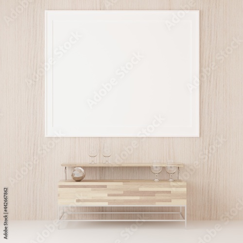 The living room is decorated with a storage table and picture frames, 3D style.