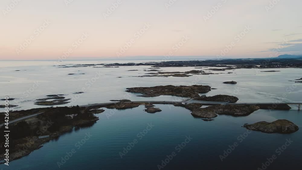 Beautiful View Of An Islands With Atlantic Ocean Road At Dusk In Atlanterhavsveien, Norway. - Aerial Wide Shot Beautiful View Of An Islands With Atlantic Ocean Road At Dusk In Atlanterhavsveien, Norway. - Aerial Wide Shot