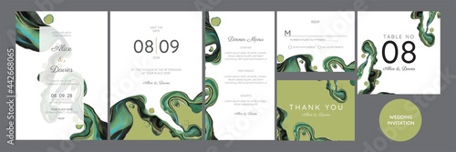 Set of Wedding Invitation, thank you, rsvp rustic card design with gold foil decoration. Vector elegant modern template, trendy cover, graphic poster, retro brochure, design template