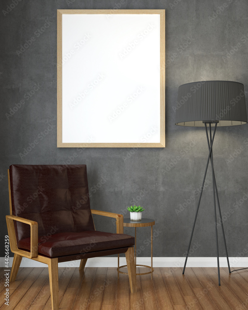 Living room with chair and wall frame, 3D style. Living room with chair and wall frame, 3D style.