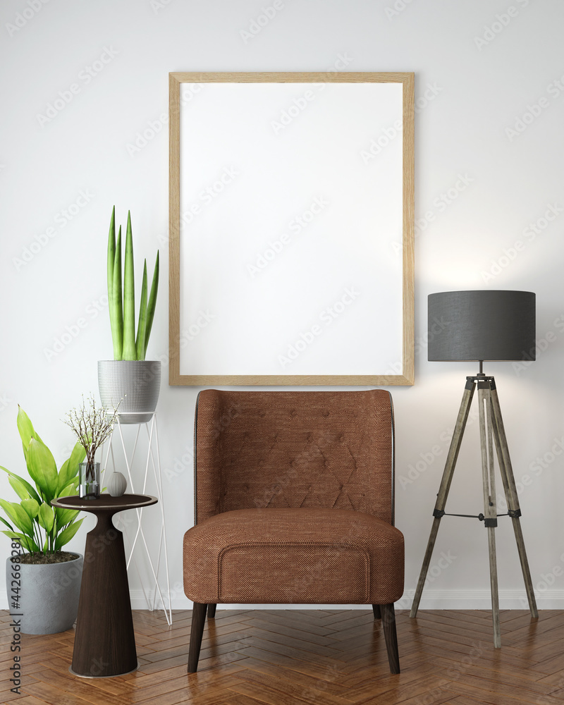 Living room with chair and wall frame, 3D style. Living room with chair and wall frame, 3D style.