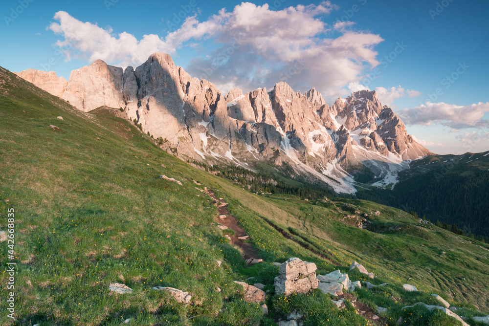 Beautiful summer mountain scenery. Splendid sunrise in Dolomites mountains. Panoramic summer view, Dolomiti Alps, South Tyrol, Italy, Europe. Traveling concept background.
Sunny holiday.