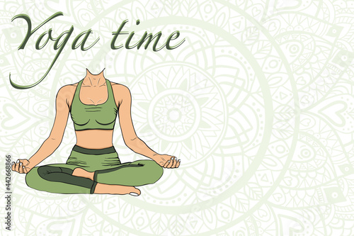 Vector illustration with female figure and lettering. Hand written phrase design with isolated silhouette of woman meditating in lotus position