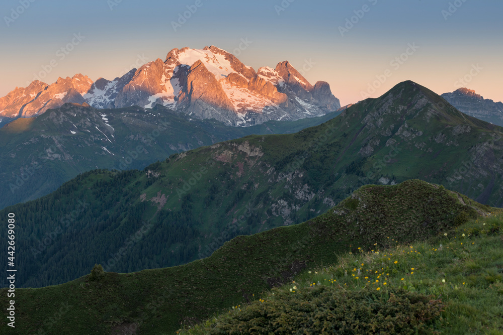 Fototapeta premium View to Marmolada. Marmolada is the highest mountain of Dolomites, situated in northeast Italy. Panoramic summer view, Dolomiti Alps, South Tyrol, Italy, Europe. Traveling concept background.