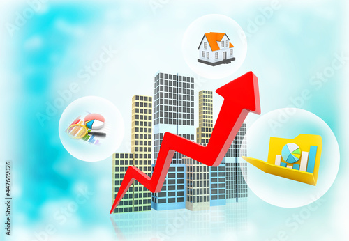 3d buildings with arrow graph. Real estate business growth concept background.