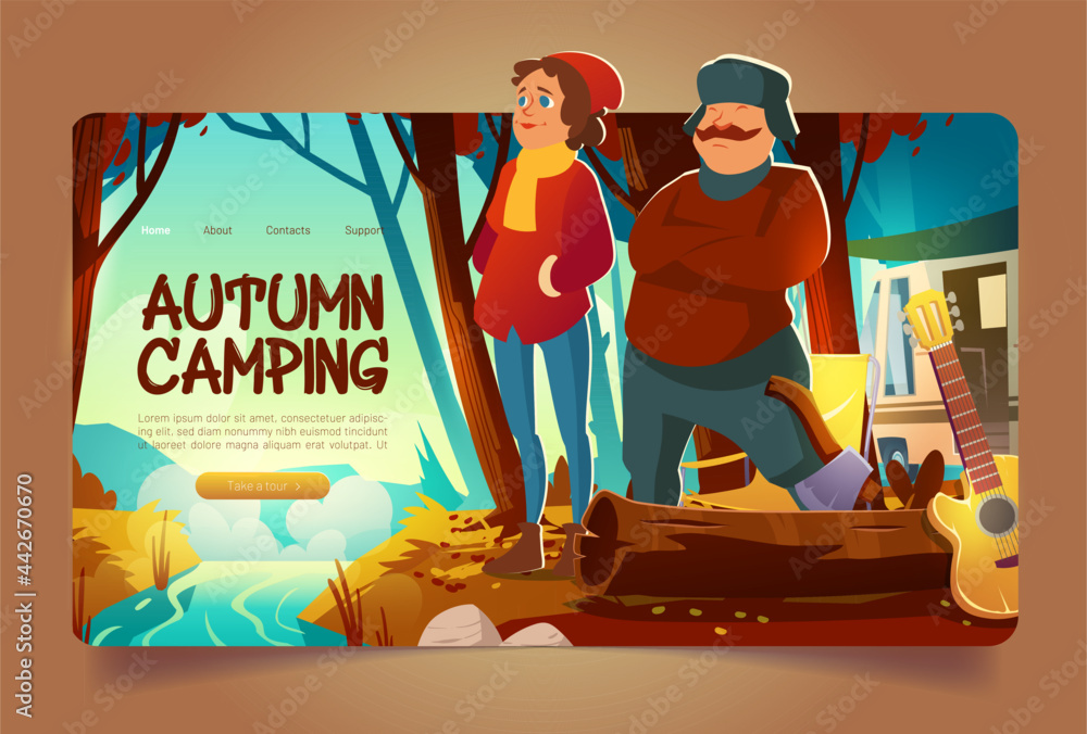 Obraz premium Autumn camping website with forest landscape with brook and people. Vector landing page with cartoon woods with orange grass and leaves on trees, river, campsite with van, chair, guitar and tourists