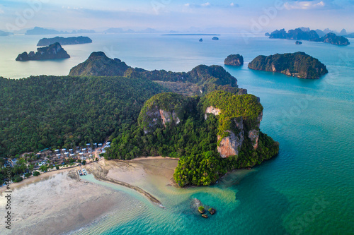 Surrounding Islands of Koh Yao Noi, Thailand islands in the background, three points of the island in a tropical ocean with beaches and copy space for text holiday destination