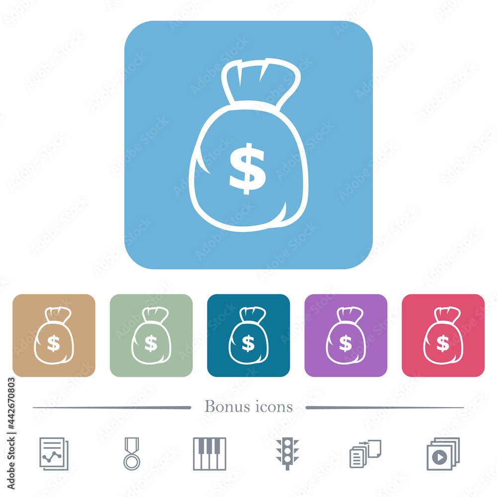 Dollar money bag outline flat icons on color rounded square backgrounds Dollar money bag outline flat icons on color rounded square backgrounds