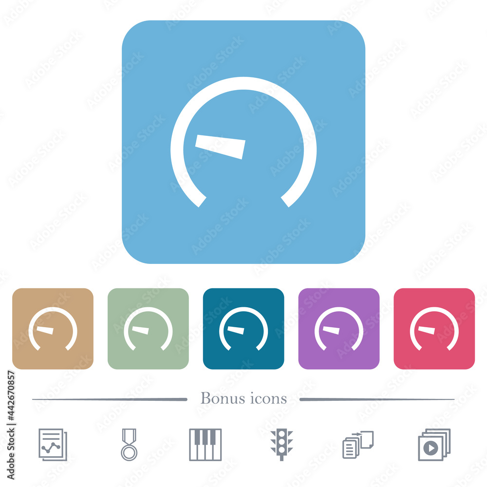 Speedometer flat icons on color rounded square backgrounds Speedometer flat icons on color rounded square backgrounds