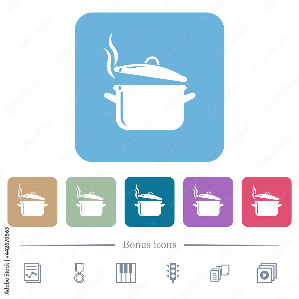 Steaming glossy pot with lid flat icons on color rounded square backgrounds Steaming glossy pot with lid flat icons on color rounded square backgrounds