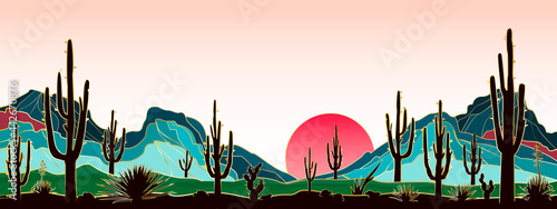 Mexican desert with cacti. Landscape with various cacti against the backdrop of mountains and the rising sun. Mountains streaked with gold. Сacti with golden outline