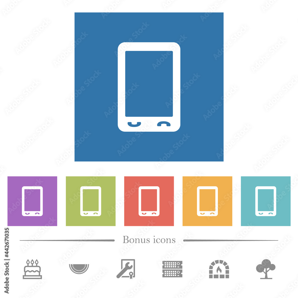 Mobile phone with blank display flat white icons in square backgrounds Mobile phone with blank display flat white icons in square backgrounds