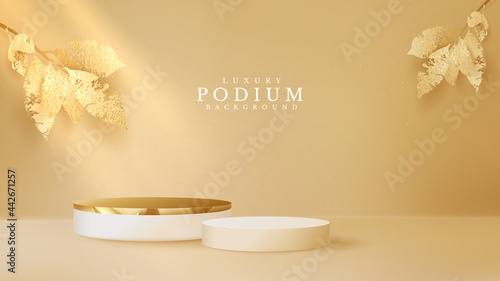 Luxury podium display with golden leaves on brown pastel background, minimal pedestal, stage showcase empty space for beauty and cosmetics product, 3d vector illustration.