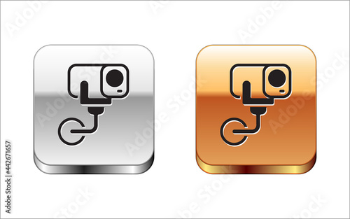 Black Security camera icon isolated on white background. Silver and gold square buttons. Vector