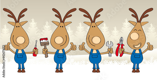 weihnachten hintergrund rentiere im blaumann mit werkzeug in den händen und daumen hoch, cartoon