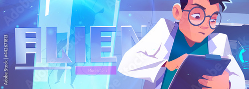 Alien in cryonics capsule cartoon landing page. Futuristic investigation, scientist writing notes in laboratory. Science research test with extraterrestrial humanoid, secret project, Vector web banner