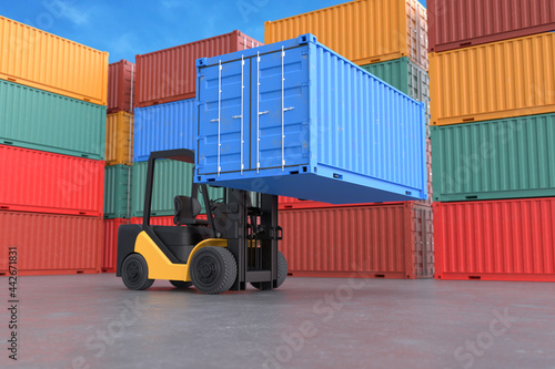 Forklift truck lifting container, delivery service concept, freight transportation logistics