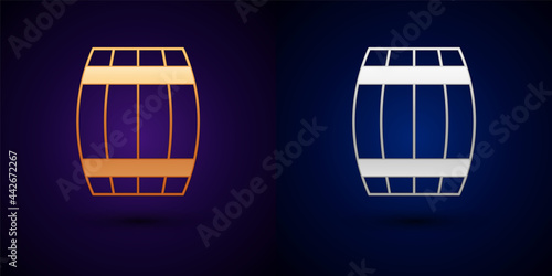 Gold and silver Wooden barrel icon isolated on black background. Alcohol barrel, drink container, wooden keg for beer, whiskey, wine. Vector