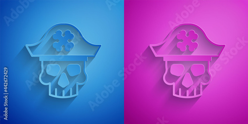 Paper cut Pirate captain icon isolated on blue and purple background. Paper art style. Vector