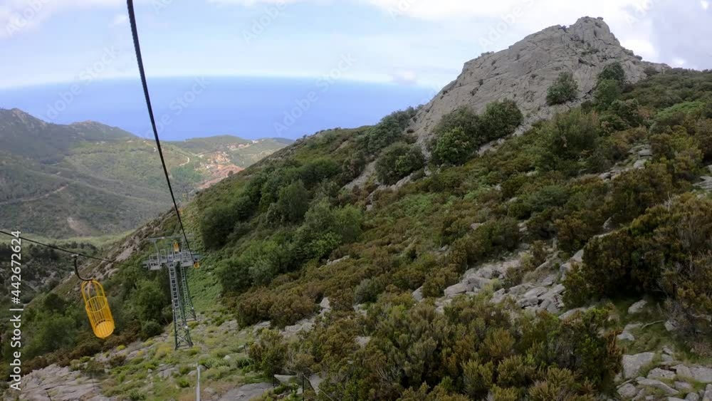 Enjoying cable car ride in yellow basket on the top of Elba island Enjoying cable car ride in yellow basket on the top of Elba island