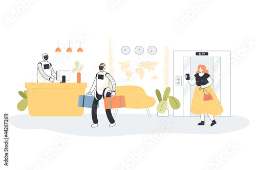Robotic receptionists meeting guest at hotel. Flat vector illustration. Girl taking pictures of robotic hotel staff on phone, near elevator. Technologies, artificial intelligence, service concept