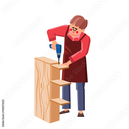 Handyman Assemble Furniture With Equipment Vector. Worker Man Assemble Furniture With Electronic Screwdriver Tool. Character Carpenter Assembling Bookshelf Flat Cartoon Illustration