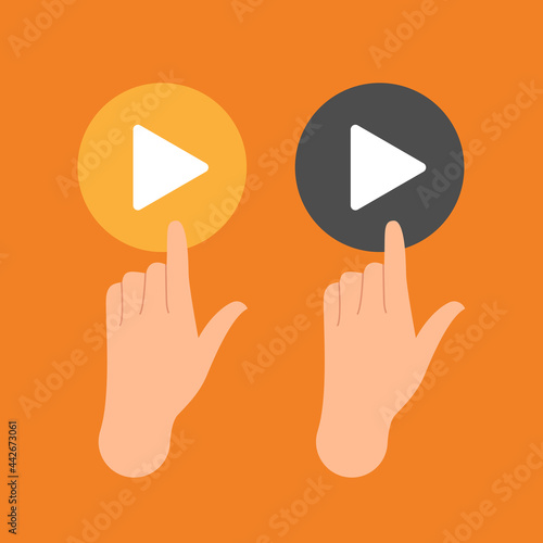 Hand press play button. The index finger presses the orange and black Play button. Flat vector illustration on gray background.