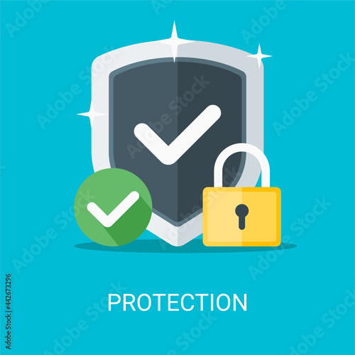 Protection illustration concept in flat style. Shield, padlock, check icon vector suitable for many purposes.