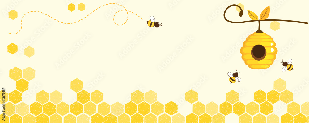 Honeycomb with bee cartoons on yellow background vector illustration. - obrazy, fototapety, plakaty 