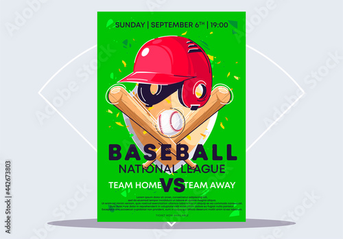 vector illustration of a template for a poster for a national championship baseball game, sports equipment for playing baseball, a baseball bat, a baseball ball and a helmet
