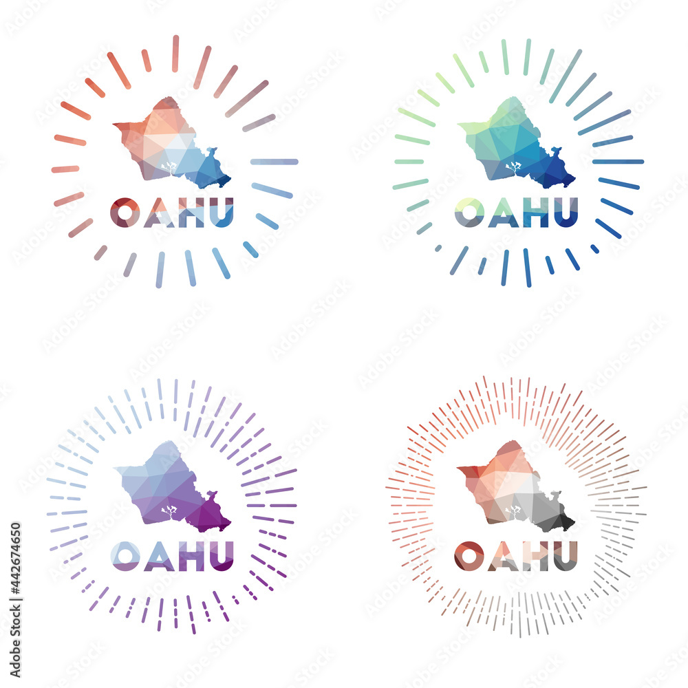 Oahu low poly sunburst set. Logo of island in geometric polygonal style. Vector illustration. Oahu low poly sunburst set. Logo of island in geometric polygonal style. Vector illustration.