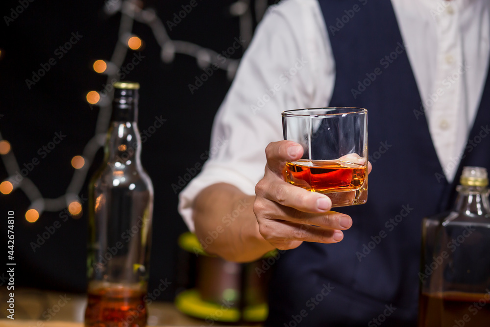 Bartender Serve Whiskey, on wood bar, Bartender Serve Whiskey, on wood bar,