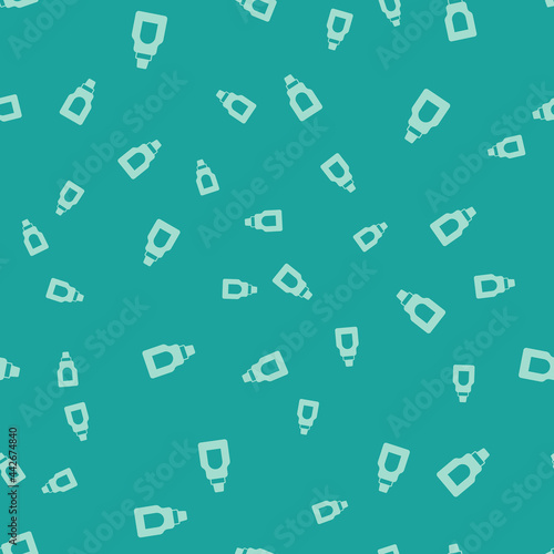 Green Plastic bottle for laundry detergent, bleach, dishwashing liquid or another cleaning agent icon isolated seamless pattern on green background. Vector