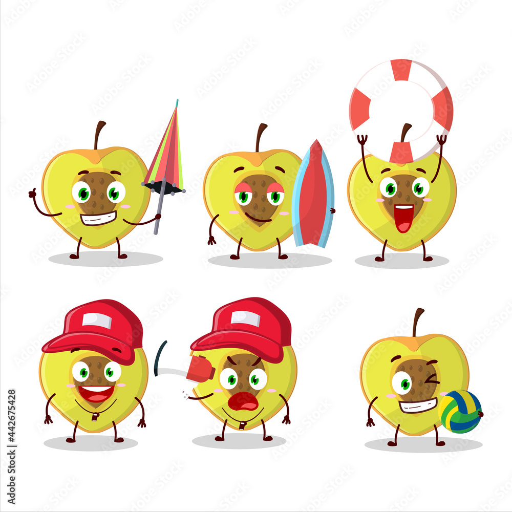Happy Face slice of peach cartoon character playing on a beach Happy Face slice of peach cartoon character playing on a beach
