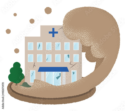 水害に遭う病院のベクターイラスト	