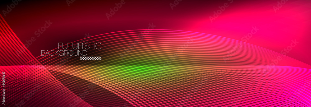 Abstract neon glowing light in the dark with waves. Shiny magic energy and motion concept, vector abstract wallpaper background Abstract neon glowing light in the dark with waves. Shiny magic energy and motion concept, vector abstract wallpaper background
