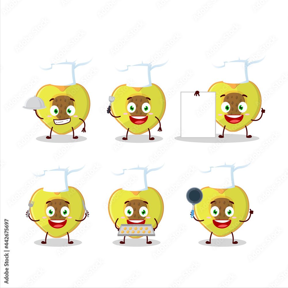 Cartoon character of slice of peach with various chef emoticons Cartoon character of slice of peach with various chef emoticons