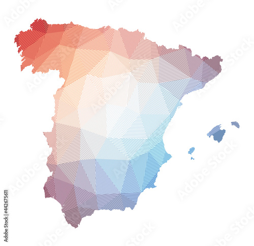 Map of Spain. Low poly illustration of the country. Geometric design with stripes. Technology, internet, network concept. Vector illustration.