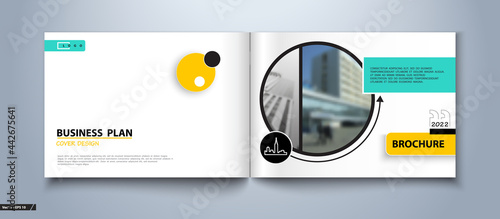 Design of brochure yellow and turquoise, A4 size. Business information banner frame. Annual report. Set, cover, circles, template and postcards.Office, buildings, city.Logo icon. Text, postcard.Quotes