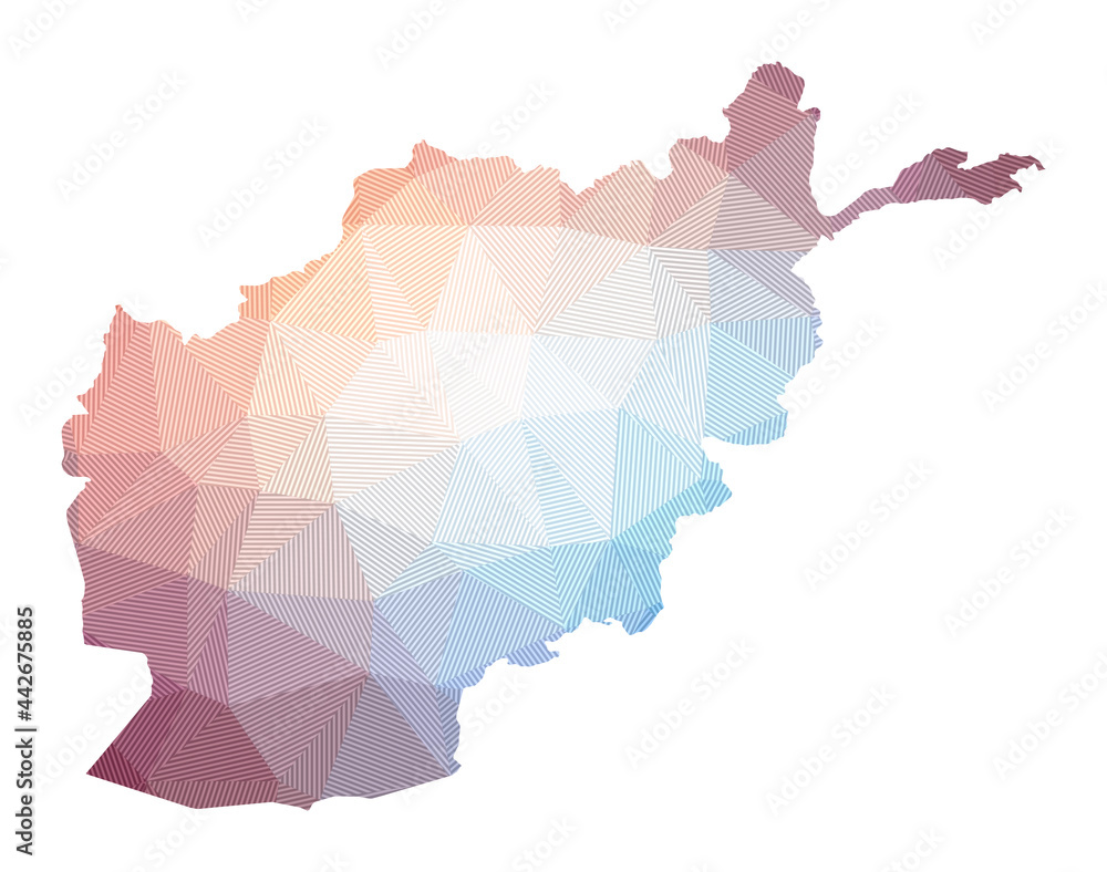 Map of Afghanistan. Low poly illustration of the country. Geometric design with stripes. Technology, internet, network concept. Vector illustration. Map of Afghanistan. Low poly illustration of the country. Geometric design with stripes. Technology, internet, network concept. Vector illustration.