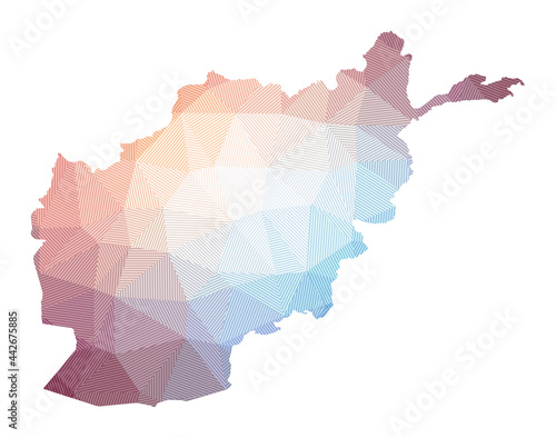 Map of Afghanistan. Low poly illustration of the country. Geometric design with stripes. Technology, internet, network concept. Vector illustration.