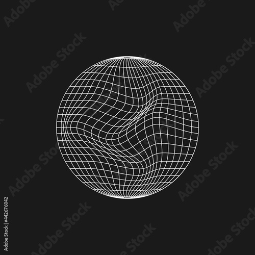 Retrofuturistic planet shape with liquid, glitch effect. Cyberpunk geometry of planet. Circle geometry for poster, cover, merch in retrowave style. Old cyberpunk concept. Vector