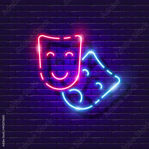 Theatre masks neon sign. Acting lesson glowing icon. Drama mask icon. Vector illustration for design. Theatrical concept.