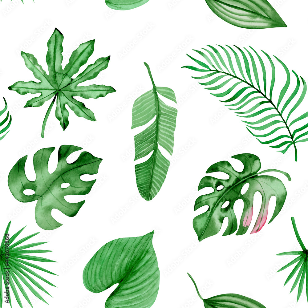Watercolor seamless pattern with green tropical leaves, hand-drawn. Monstera, banana leaves, palm leaves.
