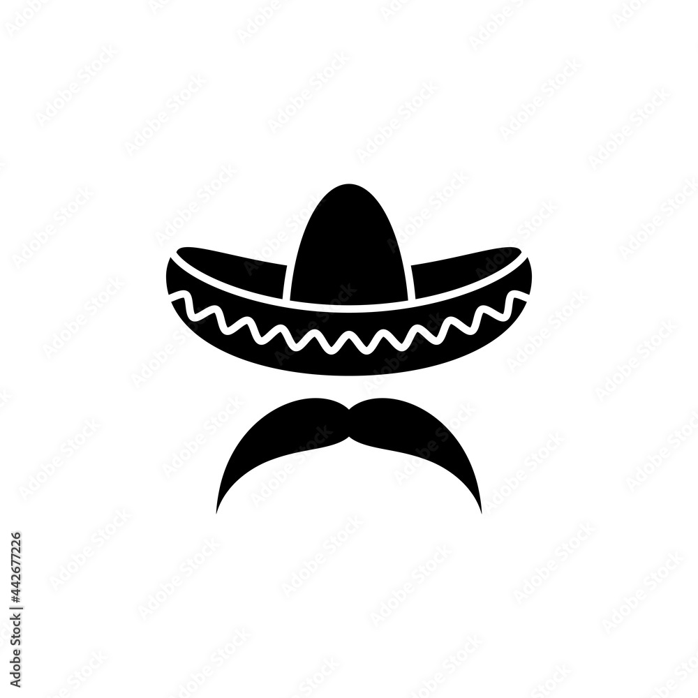 Sombrero, Mexican hat with mustache black icon. Flat logo isolated on white. vector illustration. Sombrero, Mexican hat with mustache black icon. Flat logo isolated on white. vector illustration.