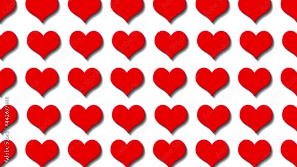 Rows of red love hearts with shadows moving left and right on a white background. Seamless loop animation. Rows of red love hearts with shadows moving left and right on a white background. Seamless loop animation.